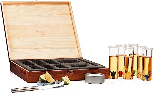 Tequila Shot Glass & Salt Gift Set for Men & Women | Six Agave Shot Glasses, Knife For Limes, One Skull Coaster, One Salt Tin | Skeleton Mahogany Wood Box Package For Tequila, Liquor Lovers by The Wine Savant