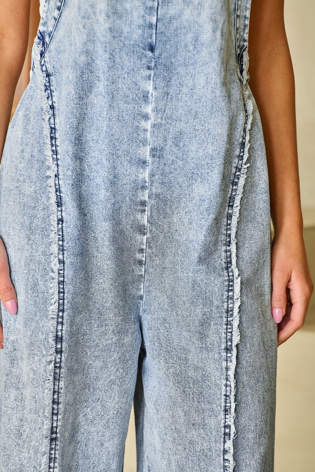 Frayed Exposed Seam Wide Leg Denim Overall by Poppy Lee Lane