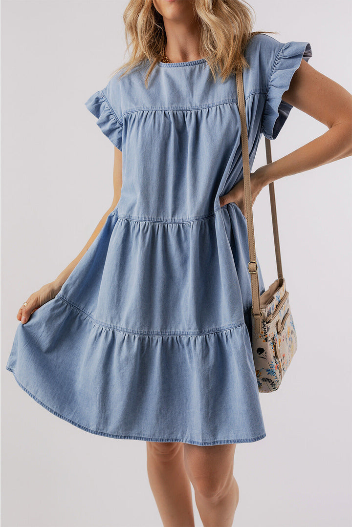 Ruffle Short Sleeve Tiered A-line Denim Dress by Poppy Lee Lane