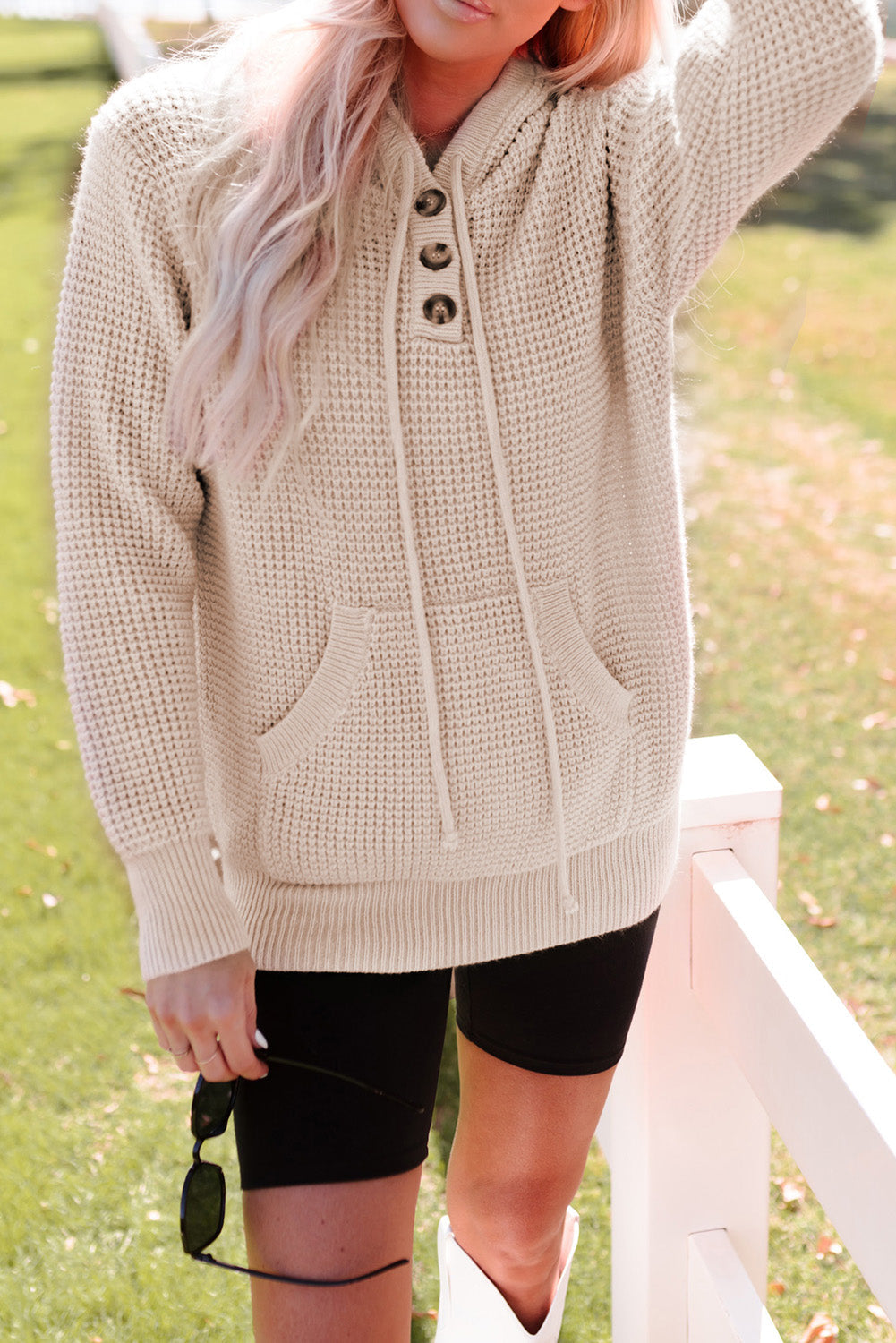 Waffle Knit Buttons Hooded Sweater by Poppy Lee Lane