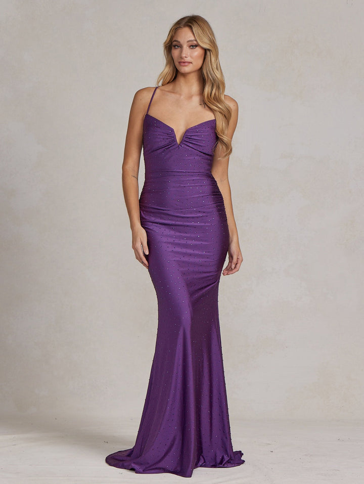 Embellished Jewel Illusion V-Neck Open Criss Cross Back Long Evening Dress NXK1123