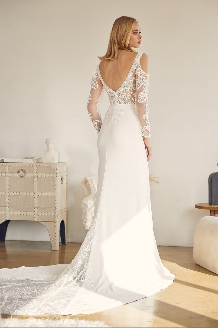 Embroidered Lace Illusion V-Neck Long Wedding Dress NXJE916