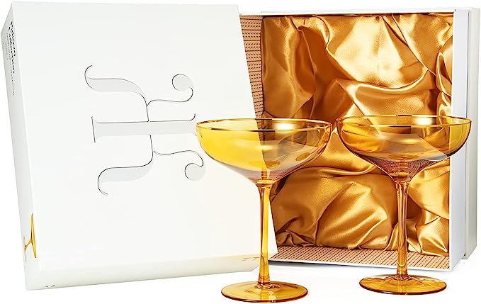 Colored Sunset Yellow & Gilded Rim Coupe Glass, 9oz Cocktail & Champagne Glasses 2-Set Vibrant Color Gold Vintage Tumblers, Margarita, Glassware Gift Idea Gifts for Mom, Him, Wife, Housewarming Coupes by The Wine Savant