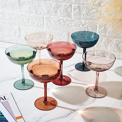 Cocktail & Champagne Coupe Glasses Coupe Cocktail Glasses 7 oz | Set of 6 | Pastel Colored Crystal Cocktail Glassware for Champagne, Martini, Manhattan Goblet Cocktails, Glassware - Luxury Gift Box by The Wine Savant