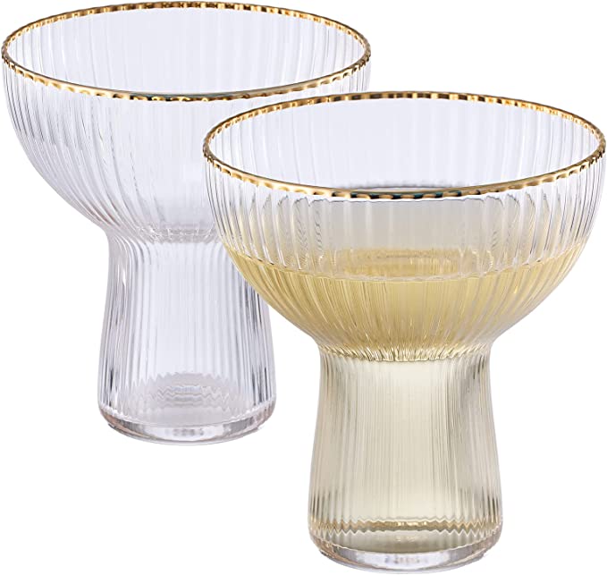 Ribbed Stemless Margarita, Martini & Champagne Glasses with Gold Rim - Set of 2 - Hand Blown Cocktail Luxury Coupe – Large Party, Elegant Ripple Design, Gilded, Premium Hand Blown Glassware (10 OZ) by The Wine Savant