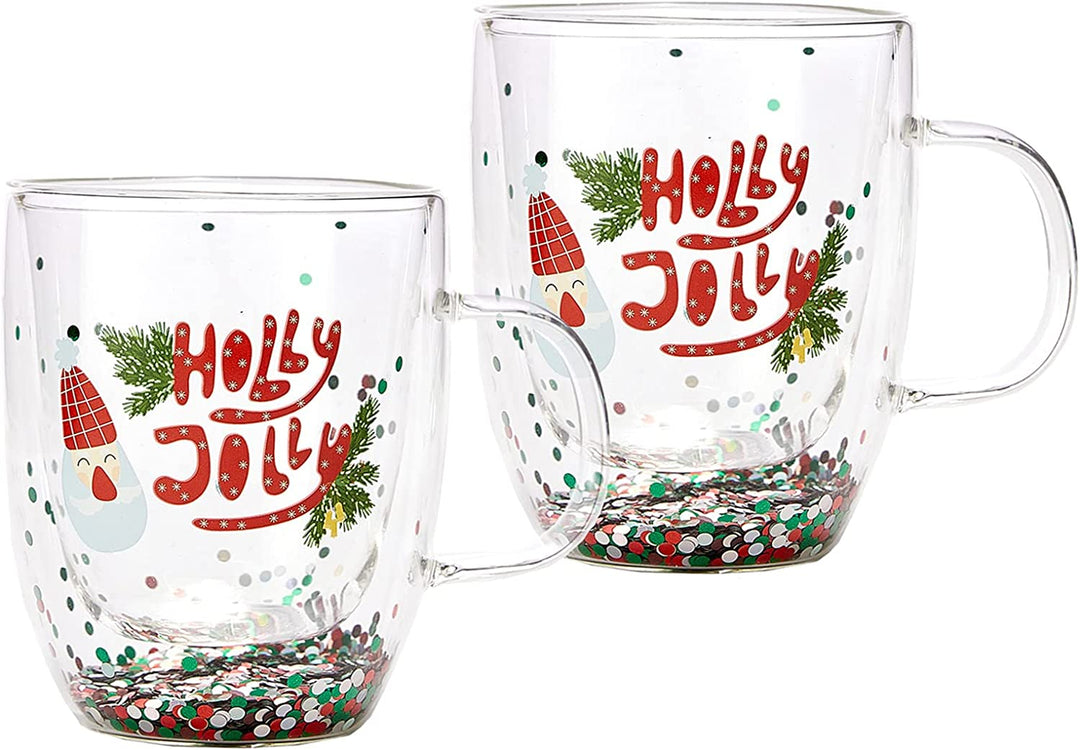 Set of 2 Holly Jolly Christmas Design Tumbler Mugs - Confetti Filled 9.5 oz Decorated Christmas Glass - Perfect for Wine, Eggnog, Cocoa, Holiday Parties & Festivities - 4.25" High, 9.5 oz Capacity by The Wine Savant