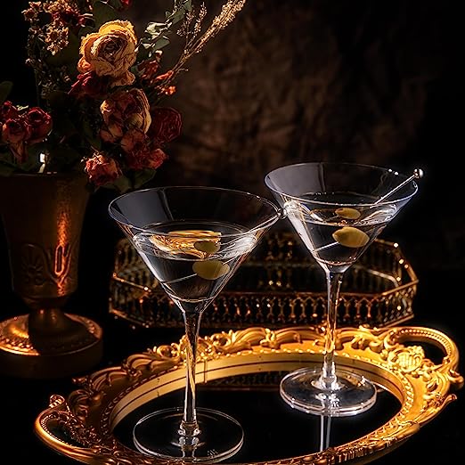 Crystal Martini Glass Set of 2 | 10oz | Classic Luxury Cocktail with Bar Spoon & Olive Picks, Premium Hand-Blown | Classic Cocktail Clear Coupes For Manhattan, Cosmopolitan, Sidecar, Stemmed Goblets by The Wine Savant