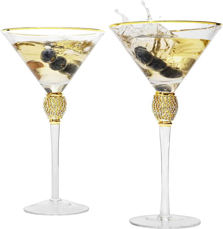 Diamond Collection 2 Piece Stemmed Martini Set - Rhinestone For Drinking Martinis, Manhattans, Vodka, Gin, Cocktails Gold Accent Cocktail Glasses, Perfect For Any Bar or Party 10oz - Swarovski Style by The Wine Savant