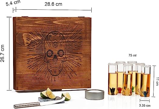 Tequila Shot Glass & Salt Gift Set for Men & Women | Six Agave Shot Glasses, Knife For Limes, One Skull Coaster, One Salt Tin | Skeleton Mahogany Wood Box Package For Tequila, Liquor Lovers by The Wine Savant