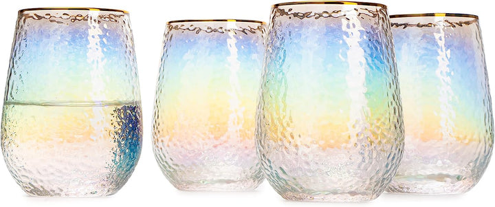 Festive Lustered Iridescent Stemless Wine & Water Glasses - Set of 4-100% Glass 15oz Mouthblown Colorful Glasses - Anniversaries, Birthday Gift, Cocktail Party Radiance - Water, Whiskey, Juice, Gift by The Wine Savant