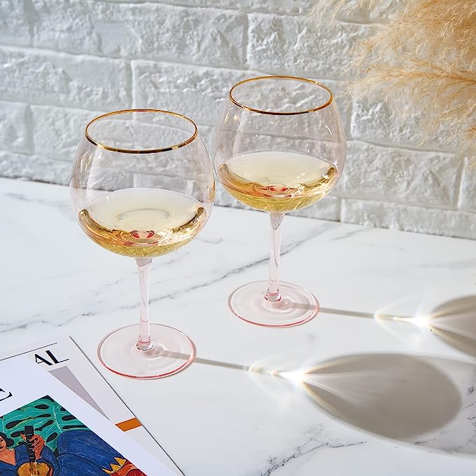 Colored Blush Pink & Gilded Rim Wine Glassware, Large 23oz Cocktail & Champagne Glasses 2-Set Vibrant Color Gold Vintage Stemmed Wine Glass, Gift Idea, Red & White - Perfect Gifts, Gorgeous Gift Box by The Wine Savant