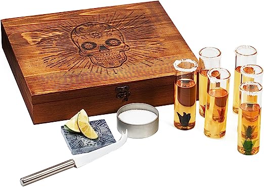 Tequila Shot Glass & Salt Gift Set for Men & Women | Six Agave Shot Glasses, Knife For Limes, One Skull Coaster, One Salt Tin | Skeleton Mahogany Wood Box Package For Tequila, Liquor Lovers by The Wine Savant