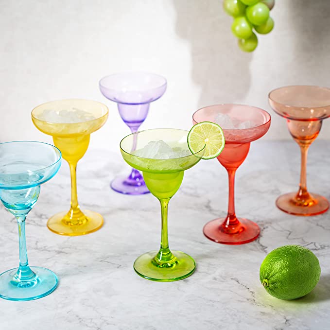 The Wine Savant Hand Blown Colorful Margarita & Martini Glass (Set of 6) – Fancy 7.4oz Luxury Hand Blown For Cocktails, Water, Wine, Juice, & Champagne Glasses Cinco de Mayo Large Party, Set of 6 by The Wine Savant