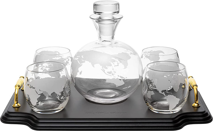 Etched World Map Globe Whiskey Decanter Set 750ml With 4 10oz Map Glasses 13" H x 13" L by The Wine Savant - Traveler Gifts, Home Bar, Whiskey Gifts, Cartography, Geography Gifts, Cosmopolitan Gifts by The Wine Savant