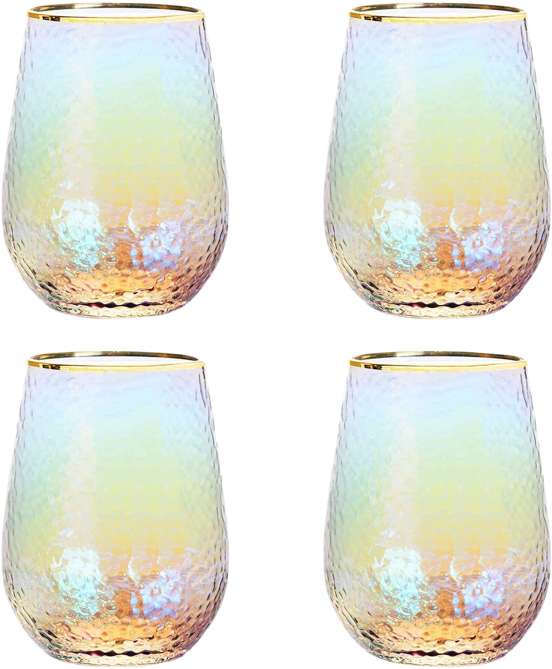 Festive Lustered Iridescent Stemless Wine & Water Glasses - Set of 4-100% Glass 15oz Mouthblown Colorful Glasses - Anniversaries, Birthday Gift, Cocktail Party Radiance - Water, Whiskey, Juice, Gift by The Wine Savant