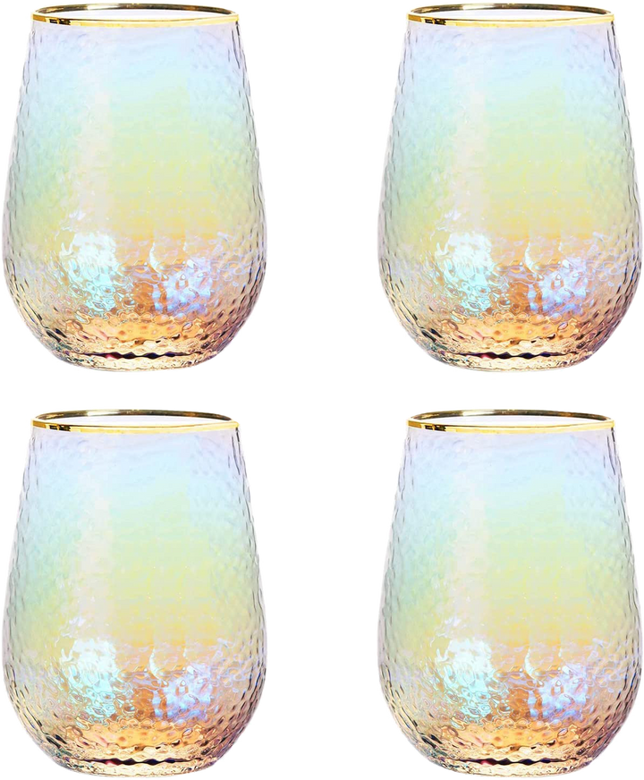 Festive Lustered Iridescent Stemless Wine & Water Glasses - Set of 4-100% Glass 15oz Mouthblown Colorful Glasses - Anniversaries, Birthday Gift, Cocktail Party Radiance - Water, Whiskey, Juice, Gift by The Wine Savant