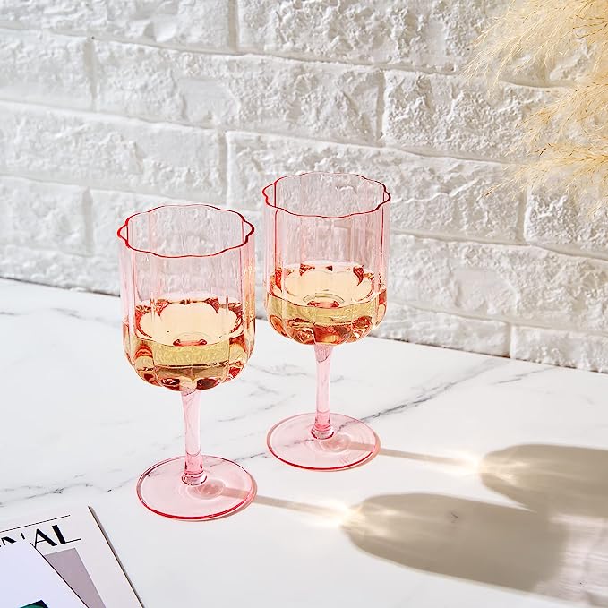 Flower Vintage Wine Glassware - Set of 2-13 oz Colorful Cocktail, Martini & Champagne Glasses, Prosecco, Mimosa Glasses Set, Cocktail Glass Set, Bar Glassware Luster Glasses 7" X 3" (Pink) by The Wine Savant