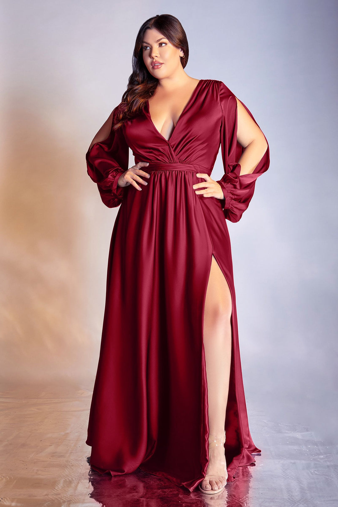 Curve Satin Plus Size A-line High Leg Slit Closed Shoulder Long Prom & Bridesmaid Dress CD7475C