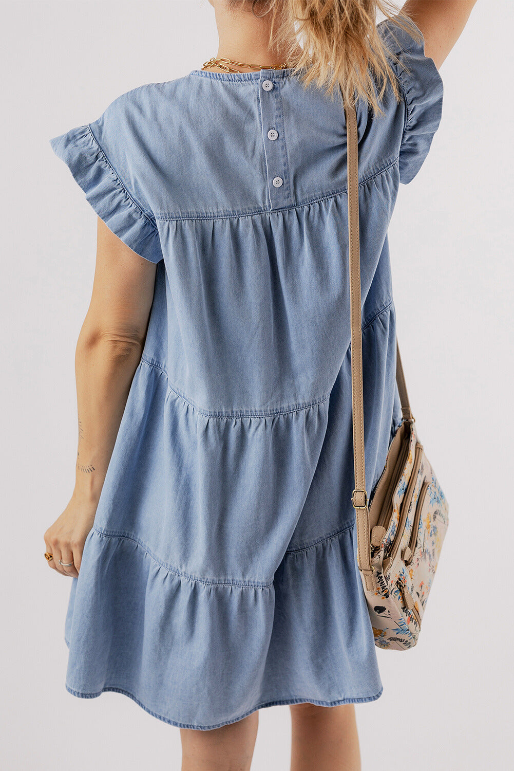 Ruffle Short Sleeve Tiered A-line Denim Dress by Poppy Lee Lane