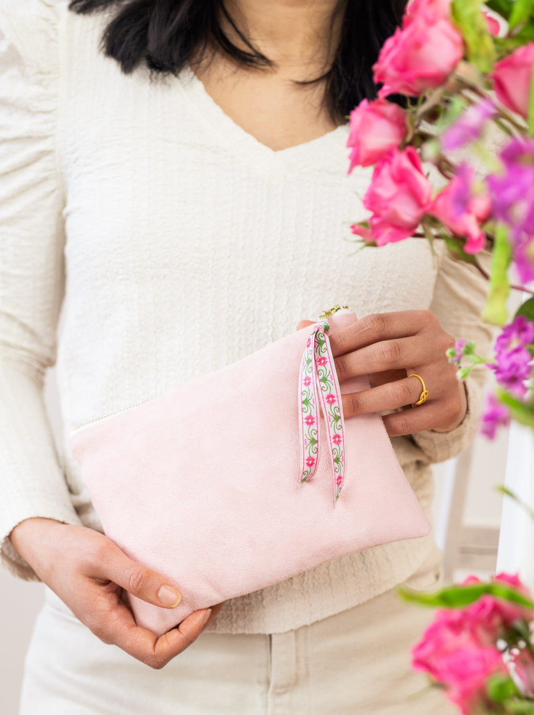 Pink Fleur Vegan Suede Clutch Purse by Ash & Rose