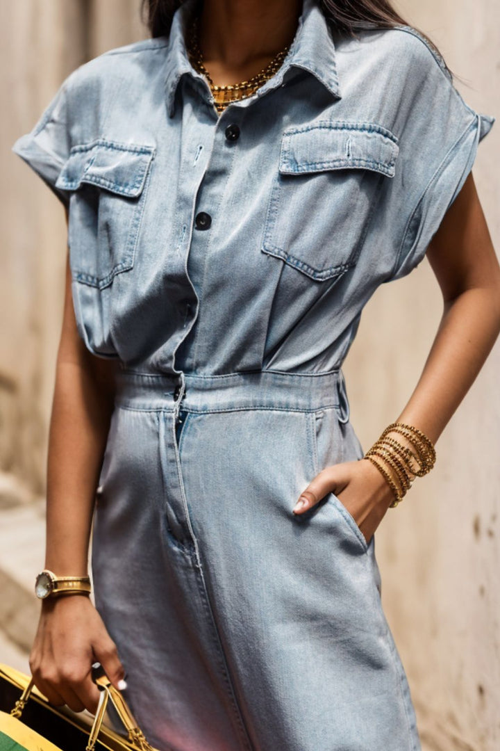 Slit Pocketed Half Button Denim Dress by BlakWardrob