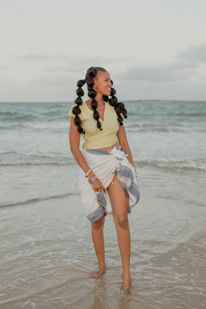 White with Navy Kenyan Beach Towel by Swahili Coast