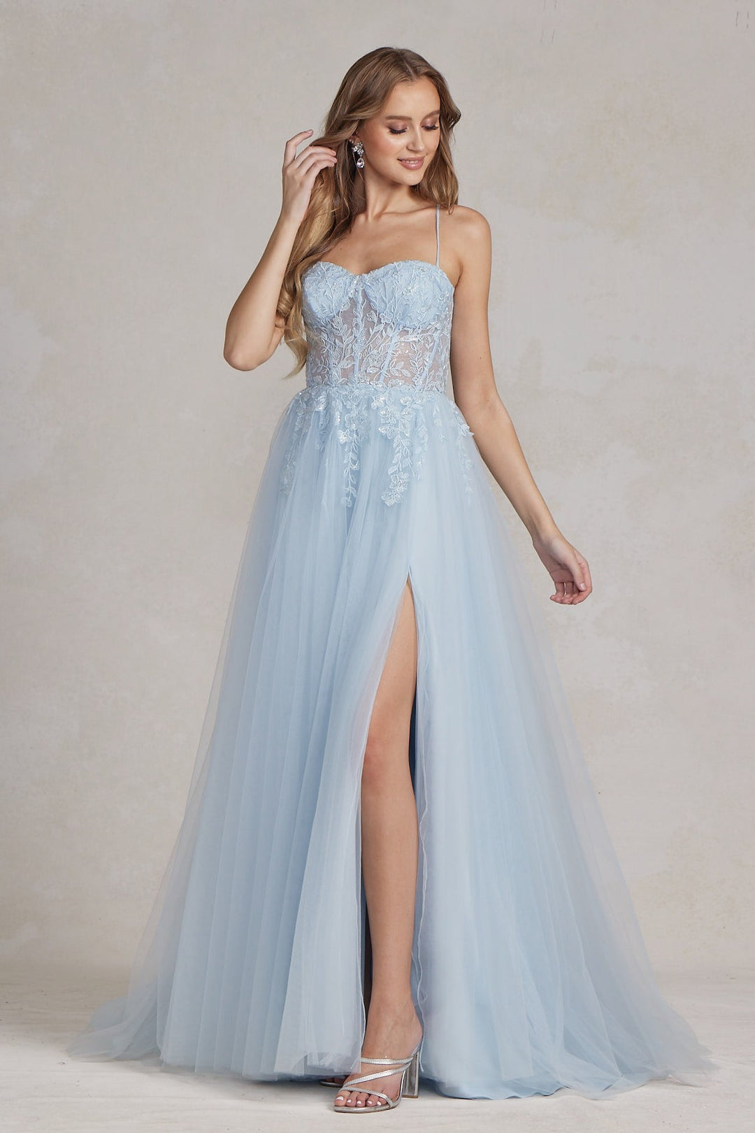 Embroidered Bodice Side Slit Tulle Skirt Long Prom Dress NXJ1089