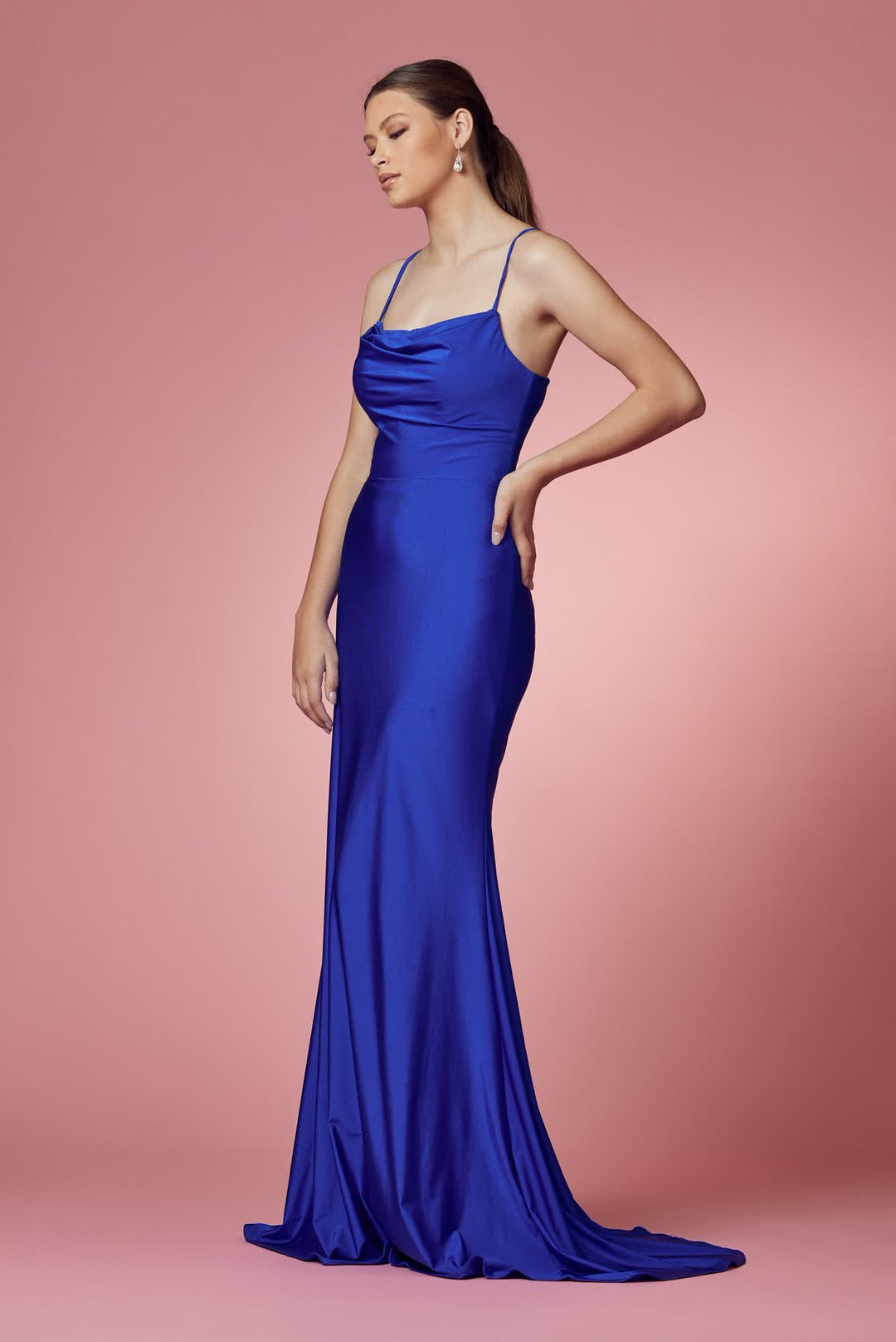 Cowl Neck Open Criss Cross Back Satin Long Prom & Bridesmaid Dress NXE1007