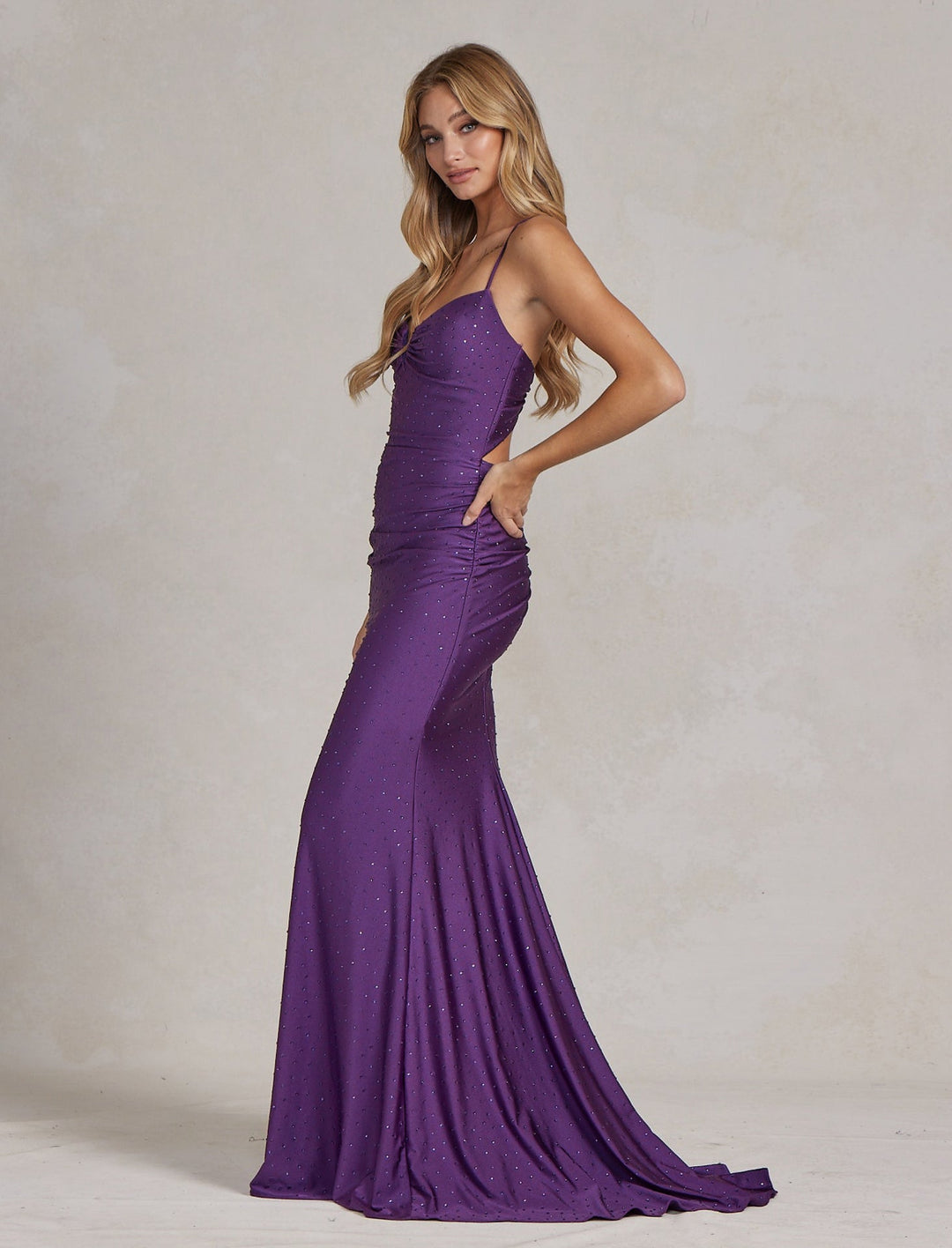 Embellished Jewel Illusion V-Neck Open Criss Cross Back Long Evening Dress NXK1123