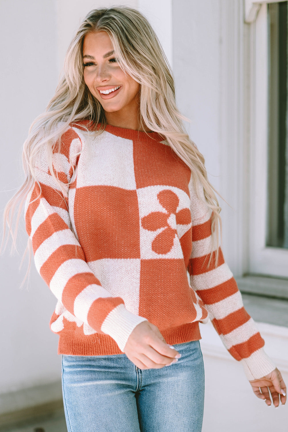 Checkered Floral Striped Sleeve Sweater by Poppy Lee Lane