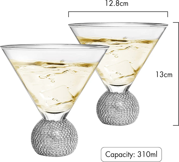 Diamond Studded Martini Glasses Set of 2 - The Wine Savant - Silver Rimmed Modern Cocktail Glass, Rhinestone Diamonds With Stemless Crystal Ball Base, Bar or Party 10.5oz, Swarovski Style Crystals by The Wine Savant