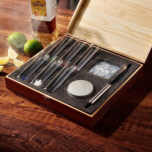 Tequila Shot Glass & Salt Gift Set for Men & Women | Six Agave Shot Glasses, Knife For Limes, One Skull Coaster, One Salt Tin | Skeleton Mahogany Wood Box Package For Tequila, Liquor Lovers by The Wine Savant