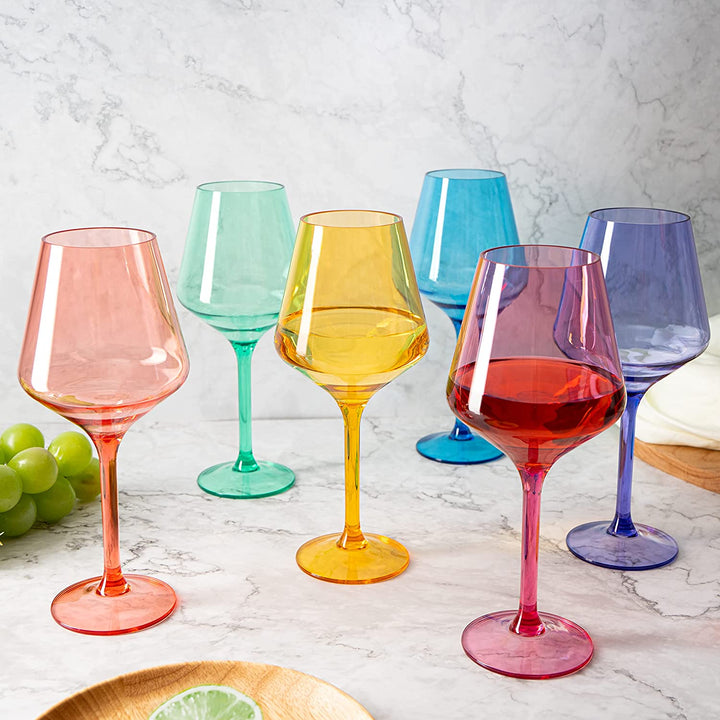 European Style Crystal, Stemmed Wine Glasses, Acrylic Glasses Tritan Drinkware, Unbreakable Colored, 6 - Set - Shatterproof BPA-free plastic, Reusable, All Purpose Glassware, Hand Wash Only 15oz by The Wine Savant