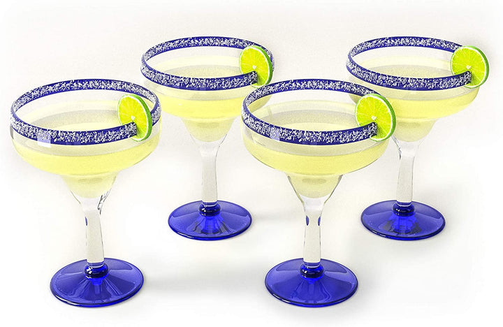 Mexican Hand Blown Glass – Set of 4 Large 16oz, Cobalt Blue Rim Line, Luxury Margarita & Cocktail Glasses, Mexico Design Large 16oz Cobalt Cinco de Mayo - The Wine Savant, Dishwasher Safe Glassware by The Wine Savant