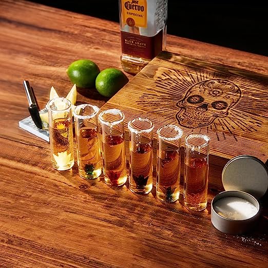 Tequila Shot Glass & Salt Gift Set for Men & Women | Six Agave Shot Glasses, Knife For Limes, One Skull Coaster, One Salt Tin | Skeleton Mahogany Wood Box Package For Tequila, Liquor Lovers by The Wine Savant