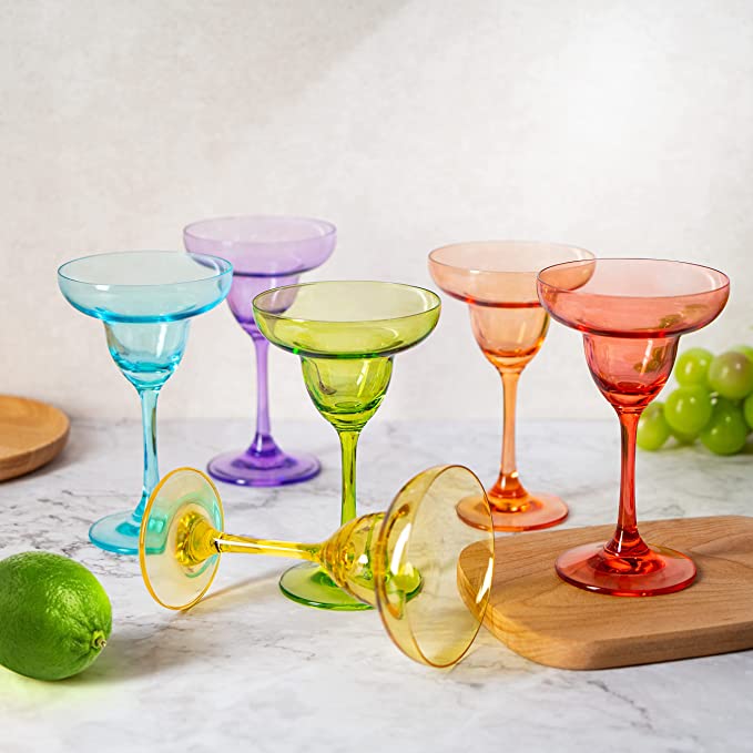 The Wine Savant Hand Blown Colorful Margarita & Martini Glass (Set of 6) – Fancy 7.4oz Luxury Hand Blown For Cocktails, Water, Wine, Juice, & Champagne Glasses Cinco de Mayo Large Party, Set of 6 by The Wine Savant