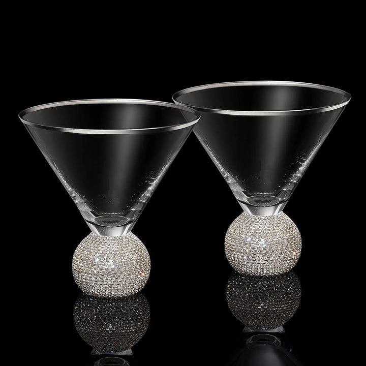 Diamond Studded Martini Glasses Set of 2 - The Wine Savant - Silver Rimmed Modern Cocktail Glass, Rhinestone Diamonds With Stemless Crystal Ball Base, Bar or Party 10.5oz, Swarovski Style Crystals by The Wine Savant