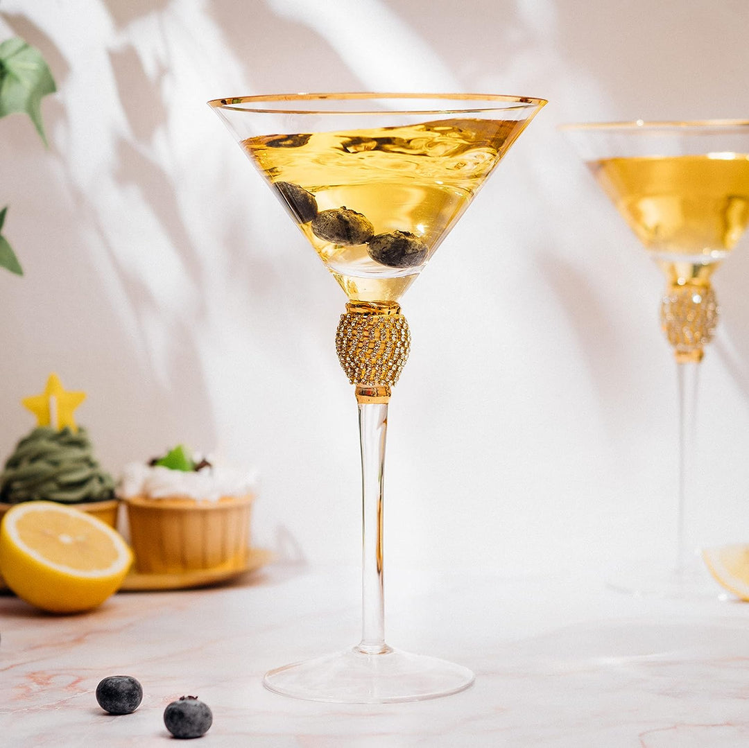 Diamond Collection 2 Piece Stemmed Martini Set - Rhinestone For Drinking Martinis, Manhattans, Vodka, Gin, Cocktails Gold Accent Cocktail Glasses, Perfect For Any Bar or Party 10oz - Swarovski Style by The Wine Savant