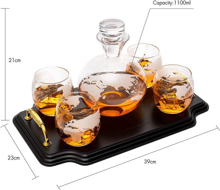 Etched World Map Globe Whiskey Decanter Set 750ml With 4 10oz Map Glasses 13" H x 13" L by The Wine Savant - Traveler Gifts, Home Bar, Whiskey Gifts, Cartography, Geography Gifts, Cosmopolitan Gifts by The Wine Savant