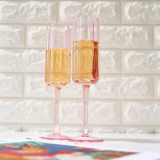 Flower Vintage Champagne Flute Glassware - Set of 2 - 7.4 oz Colorful Cocktail, Martini & Champagne Glasses, Prosecco, Mimosa Glasses Set, Cocktail Glass, Bar Glassware Luster Glasses 9" X 2" (Pink) by The Wine Savant