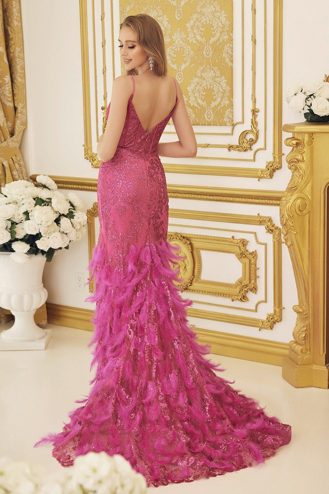 Embellished Feather Skirt V-Neck Open V-Back Side Slit Long Prom Dress NXC1119