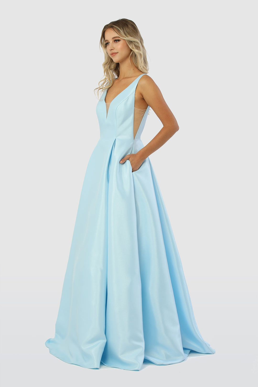 A-Line Sheer Side Cut Out Open V-Back Long Prom Dress NXE156