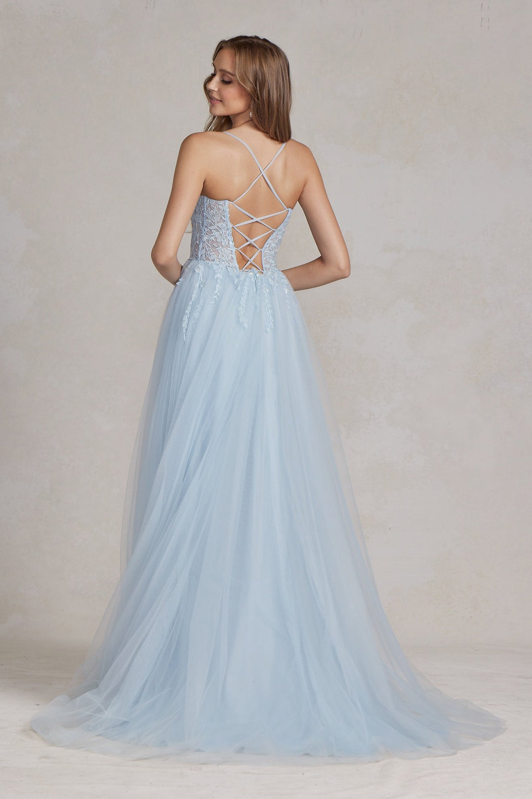 Embroidered Bodice Side Slit Tulle Skirt Long Prom Dress NXJ1089