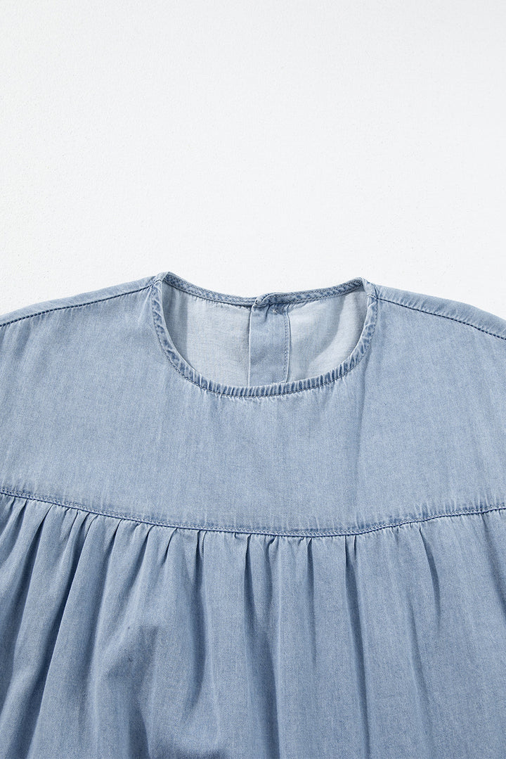 Ruffle Short Sleeve Tiered A-line Denim Dress by Poppy Lee Lane