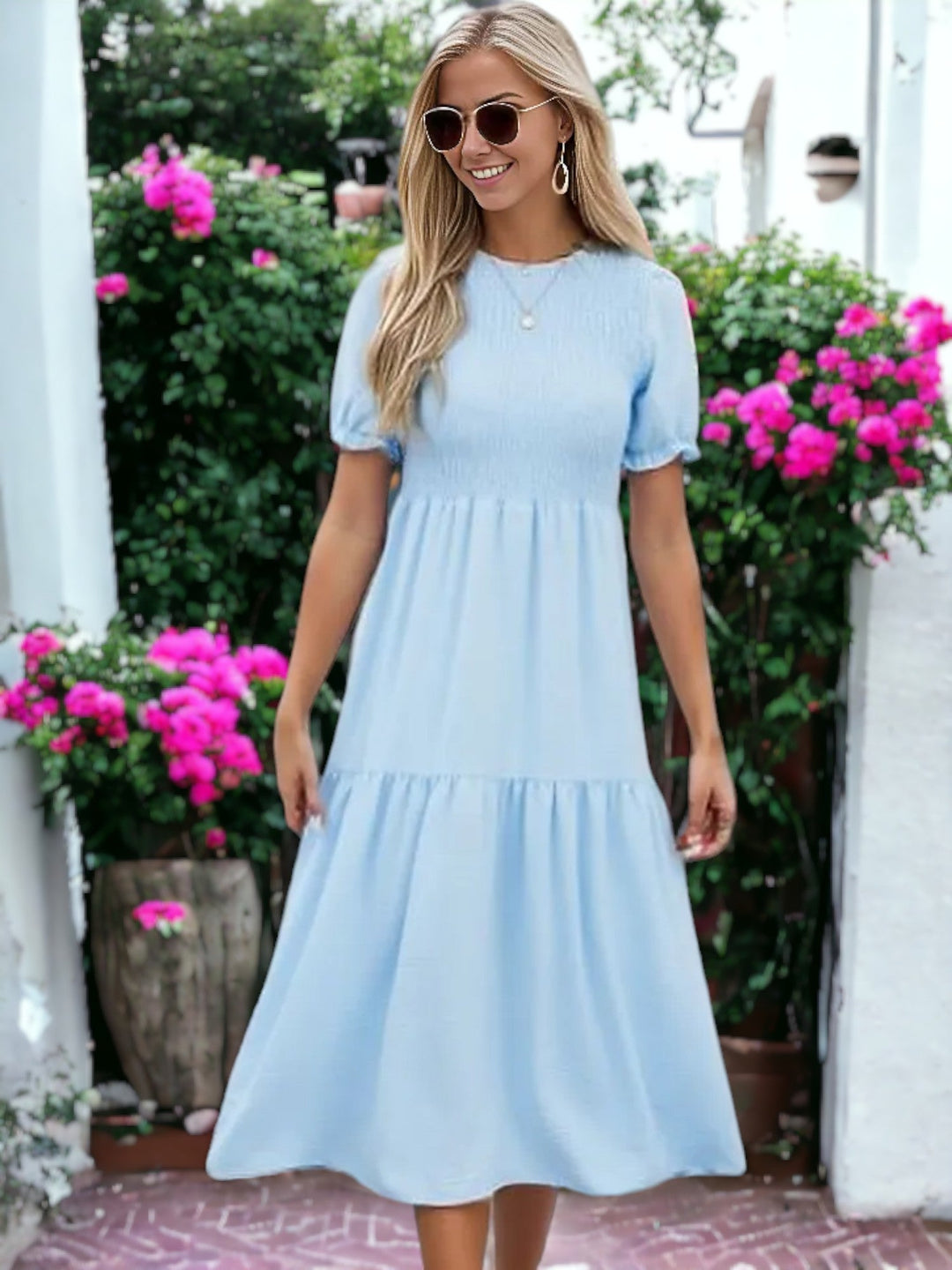 Round Neck Smocked Short-Sleeved Dress