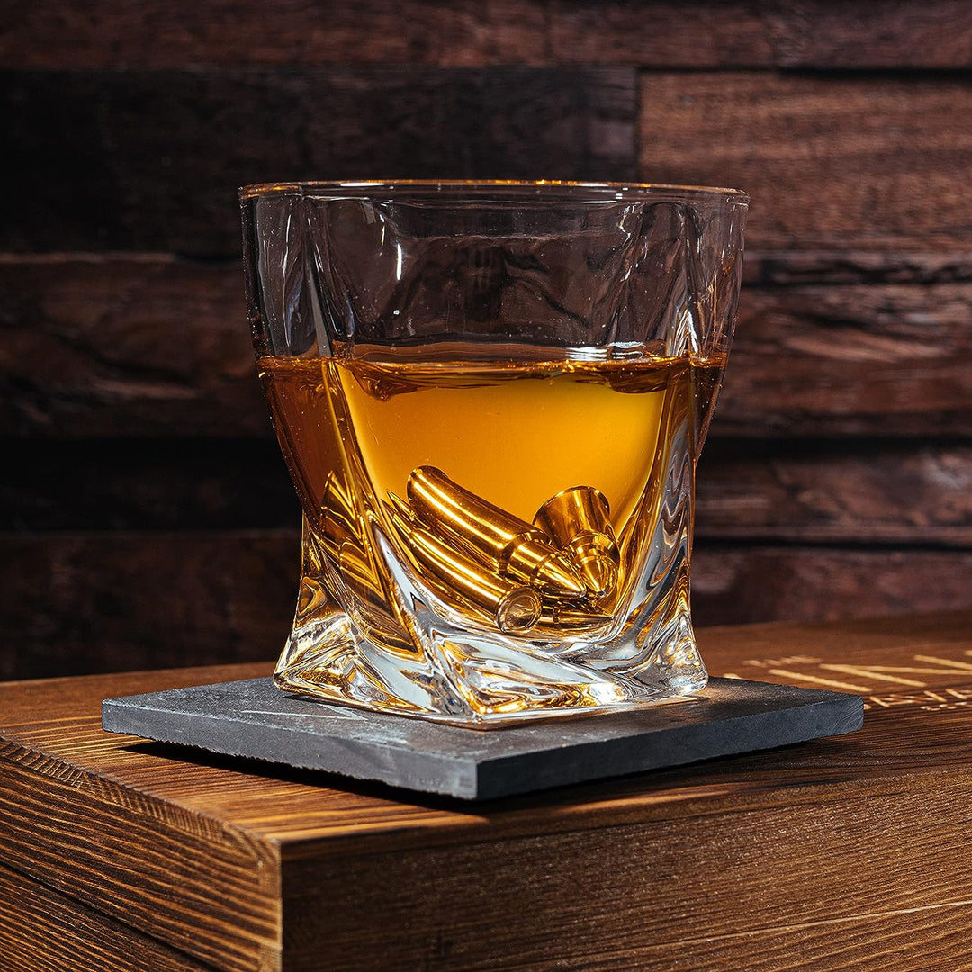 Luxurious Bar Gift Set - 2 Whiskey Glasses + 10 Bullets Chilling Stainless-Steel Whiskey Rocks - Slate Stone Coasters & Tongs - Set in Premium Wood Box by The Wine Savant - Birthday Gift - 11 oz Glass by The Wine Savant