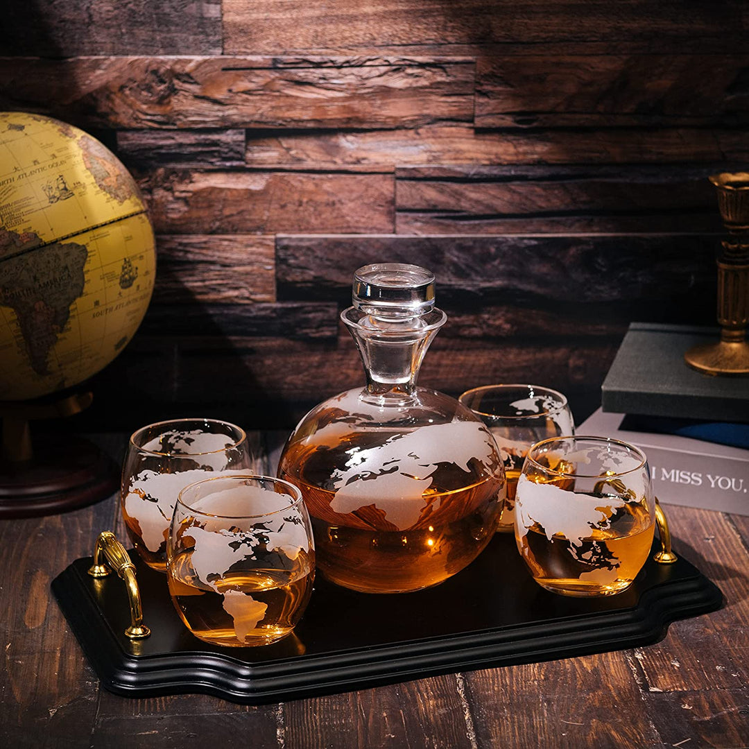 Etched World Map Globe Whiskey Decanter Set 750ml With 4 10oz Map Glasses 13" H x 13" L by The Wine Savant - Traveler Gifts, Home Bar, Whiskey Gifts, Cartography, Geography Gifts, Cosmopolitan Gifts by The Wine Savant