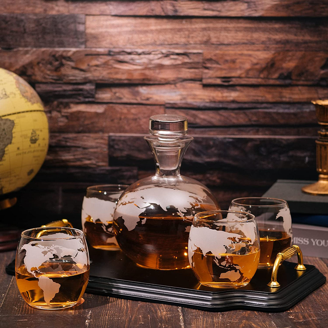 Etched World Map Globe Whiskey Decanter Set 750ml With 4 10oz Map Glasses 13" H x 13" L by The Wine Savant - Traveler Gifts, Home Bar, Whiskey Gifts, Cartography, Geography Gifts, Cosmopolitan Gifts by The Wine Savant