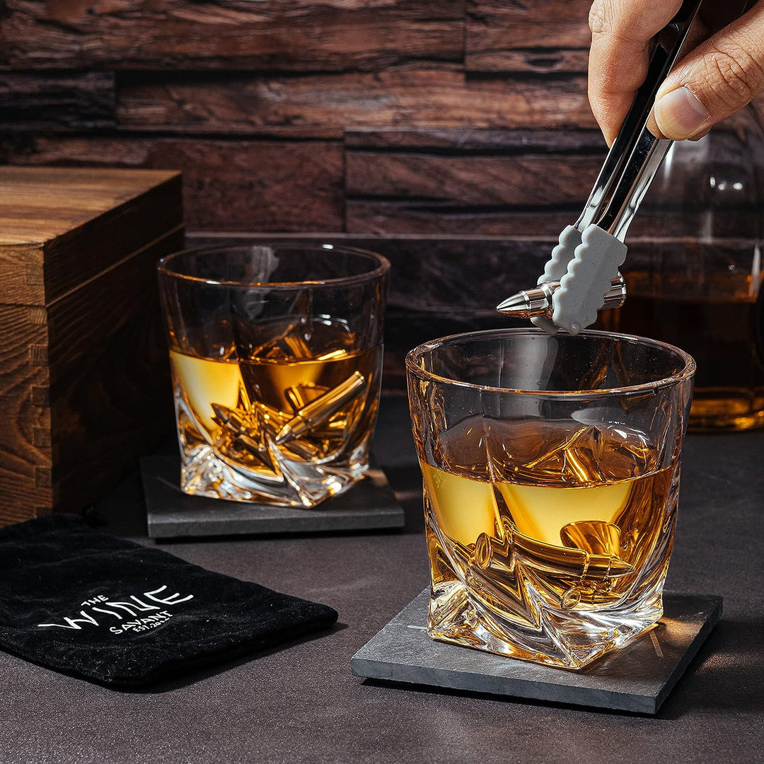 Luxurious Bar Gift Set - 2 Whiskey Glasses + 10 Bullets Chilling Stainless-Steel Whiskey Rocks - Slate Stone Coasters & Tongs - Set in Premium Wood Box by The Wine Savant - Birthday Gift - 11 oz Glass by The Wine Savant