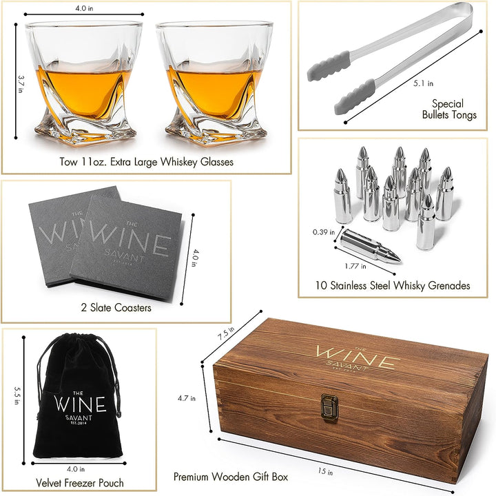 Luxurious Bar Gift Set - 2 Whiskey Glasses + 10 Bullets Chilling Stainless-Steel Whiskey Rocks - Slate Stone Coasters & Tongs - Set in Premium Wood Box by The Wine Savant - Birthday Gift - 11 oz Glass by The Wine Savant